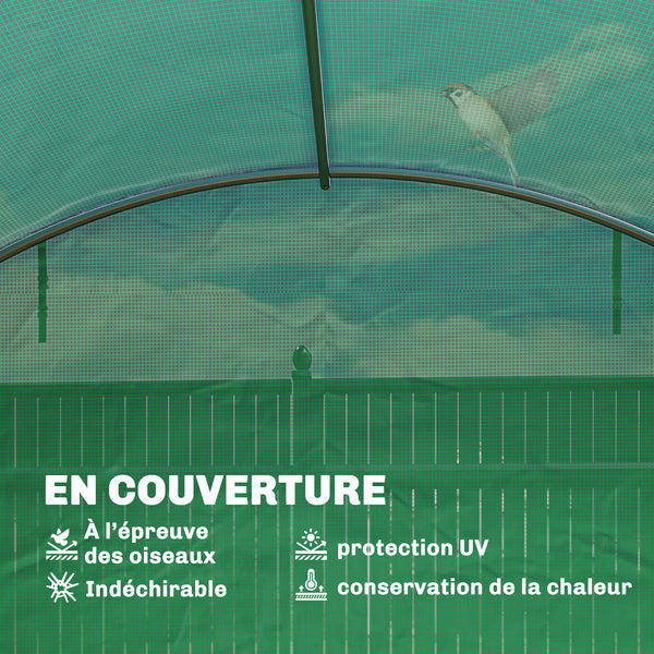 Serre Tunnel 395 x 595 x 199 cm avec 2 Barres de Support, 2 Portes Roulantes et 12 Fenêtres en Maille, Serre de Jardin avec Couverture en PE, Vert