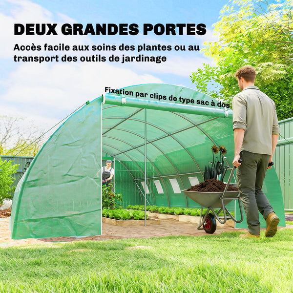 Serre Tunnel 395 x 595 x 199 cm avec 2 Barres de Support, 2 Portes Roulantes et 12 Fenêtres en Maille, Serre de Jardin avec Couverture en PE, Vert