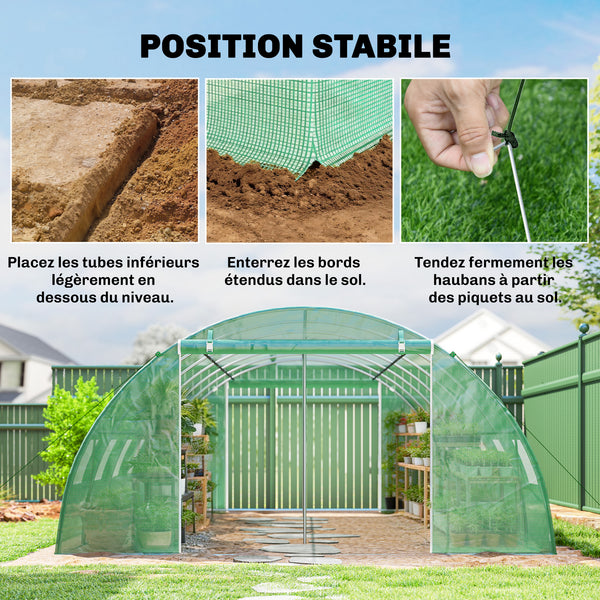 Serre Tunnel 395 x 595 x 199 cm avec 2 Barres de Support, 2 Portes Roulantes et 12 Fenêtres en Maille, Serre de Jardin avec Couverture en PE, Vert