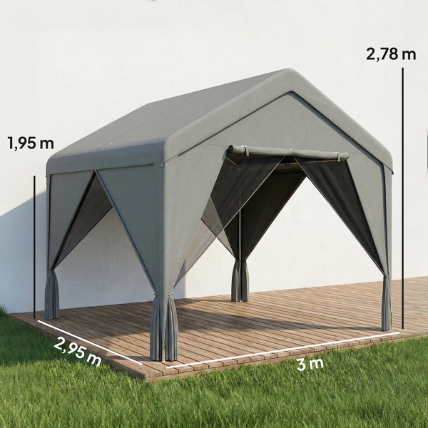 Tonnelle de jardin extérieur 3x3m pavillon de jardin hydrofuge - structure robuste en acier galvanisé avec toit double pente - barnum avec rideaux et moustiquaire pour fête et terrasse, gris