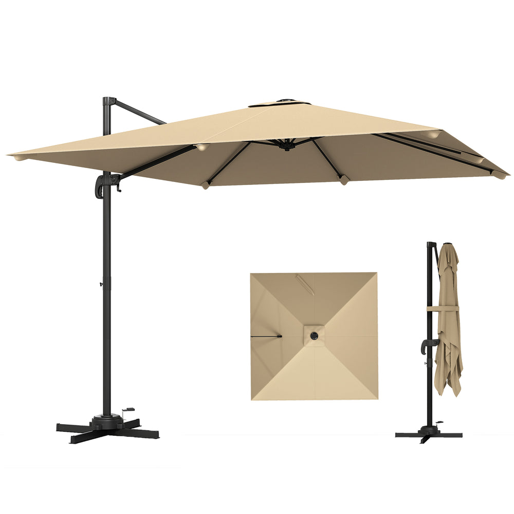 Parasol déporté carré 3 x 3 m, parasol de jardin extérieur, rotation 360°, inclinable 5 positions, 7 baleines, base en croix et manivelle, protection solaire UPF30+, mât en aluminium, kaki