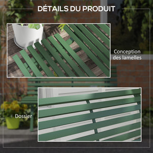 Banc de jardin banquette extérieur 2 Places Assise Dossier à Lattes, en aluminium, dim. 123L x 67l x 79H cm, vert