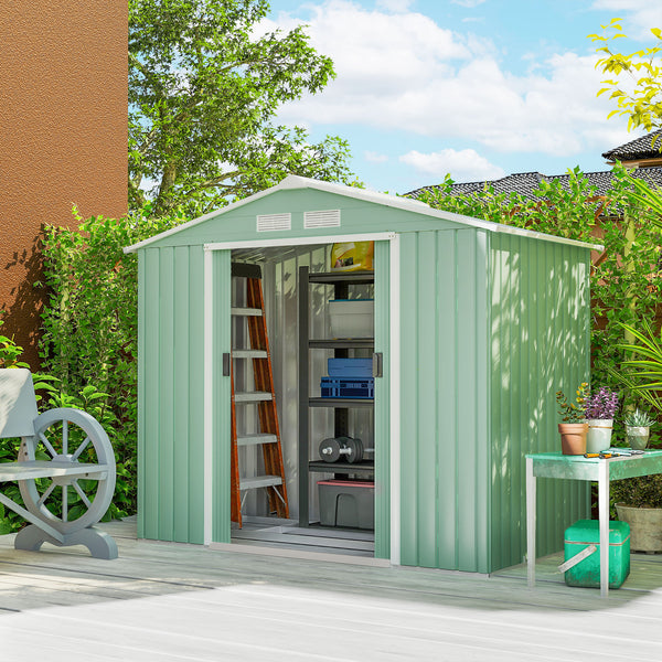 Abri de jardin en métal 2,77 m² cabane de jardin 213 x 130 x 185 cm cabanon rangement outils avec fondation, porte coulissante verrouillables et 4 aérations - vert clair