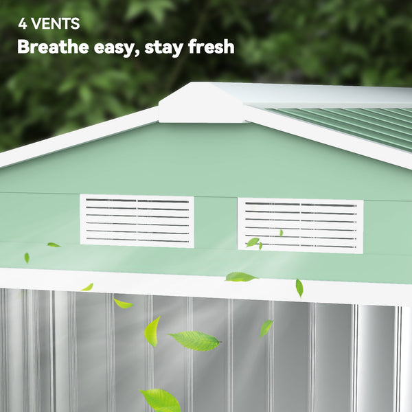 Abri de jardin en métal 2,77 m² cabane de jardin 213 x 130 x 185 cm cabanon rangement outils avec fondation, porte coulissante verrouillables et 4 aérations - vert clair