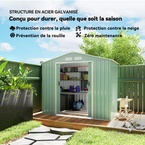 Abri de jardin en métal 2,77 m² cabane de jardin 213 x 130 x 185 cm cabanon rangement outils avec fondation, porte coulissante verrouillables et 4 aérations - vert clair