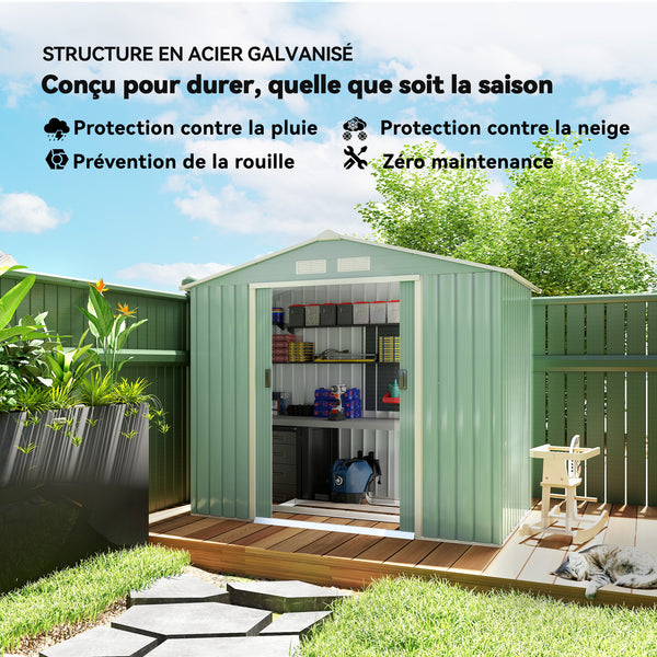 Abri de jardin en métal 2,77 m² cabane de jardin 213 x 130 x 185 cm cabanon rangement outils avec fondation, porte coulissante verrouillables et 4 aérations - vert clair