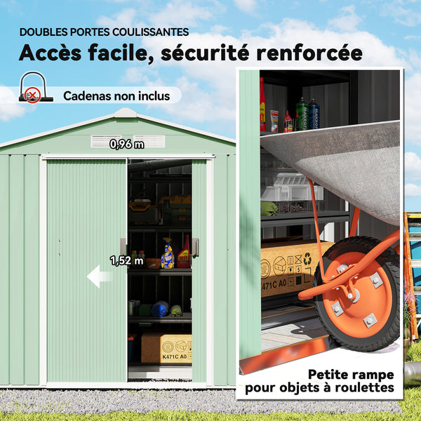 Abri de jardin en métal 2,77 m² cabane de jardin 213 x 130 x 185 cm cabanon rangement outils avec fondation, porte coulissante verrouillables et 4 aérations - vert clair