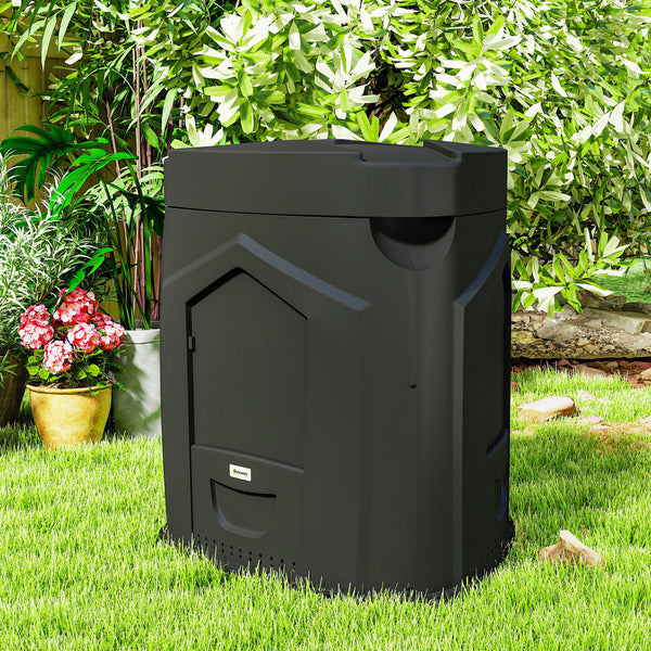 Composteur de jardin, 240L, bac à compost extérieur, triangulaire, 78 x 75 x 78 cm, en polypropylène, avec 3 Portes, 66 Aérations et Fond Ouvert, Inclus Gants et Tournevis, Noir