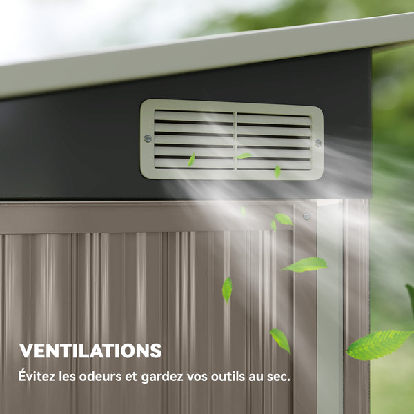 Abri de jardin en métal, cabane de jardin extérieure 234 x 132 x 185 cm, triple porte verrouillable, toit incliné, aérations et gants, cabanon rangement outils en acier galvanisé, gris clair