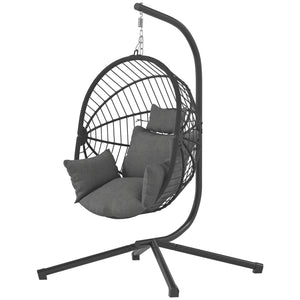 Fauteuil suspendu, fauteuil œuf suspendu, chaise hamac balançoire - panier pliable, coussin rembourré, poche, oreiller, chaise suspendue cocooning intérieur et extérieur, gris