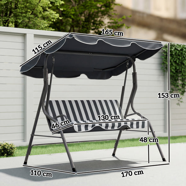 Balancelle de Jardin 3 Places Toit imperméabilisé Inclinaison réglable Coussins Assise Dossier 1,7L x 1,1l x 1,53H m Acier Polyester gris blanc rayé