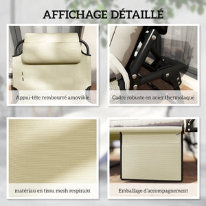 Lot de 2 transats bains de soleil pliable avec dossier inclinable 4 positions - appui-tête et Matelas épais ultra confortable - tissu textilène et acier, beige