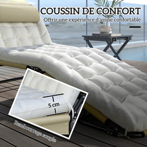 Lot de 2 transats bains de soleil pliable avec dossier inclinable 4 positions - appui-tête et Matelas épais ultra confortable - tissu textilène et acier, beige