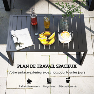 Table basse extérieure table de jardin avec plateau à lattes, cadre en aluminium, pour balcon, patio, terrasse, 90 x 50 x 42 cm, noir