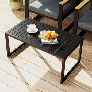 Table basse extérieure table de jardin avec plateau à lattes, cadre en aluminium, pour balcon, patio, terrasse, 90 x 50 x 42 cm, noir