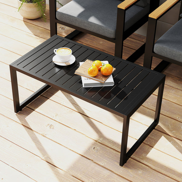 Table basse extérieure table de jardin avec plateau à lattes, cadre en aluminium, pour balcon, patio, terrasse, 90 x 50 x 42 cm, noir