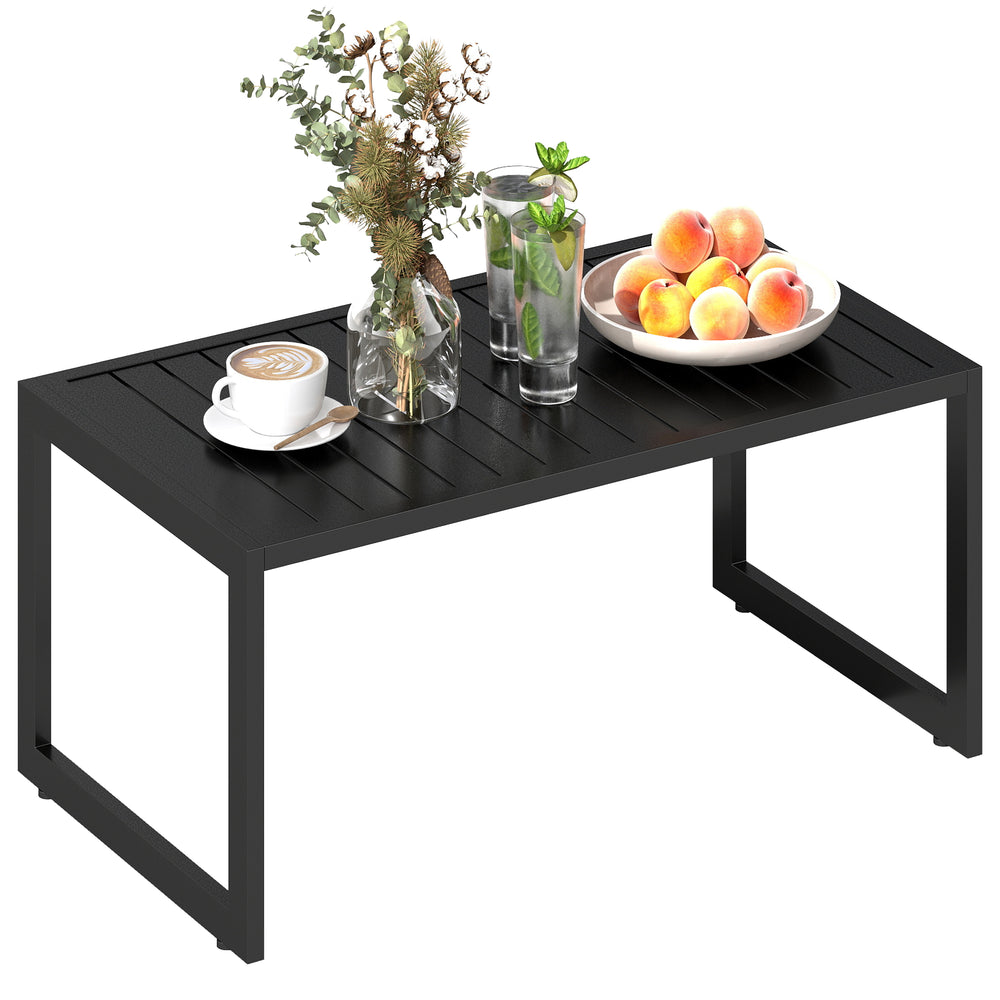 Table basse extérieure table de jardin avec plateau à lattes, cadre en aluminium, pour balcon, patio, terrasse, 90 x 50 x 42 cm, noir