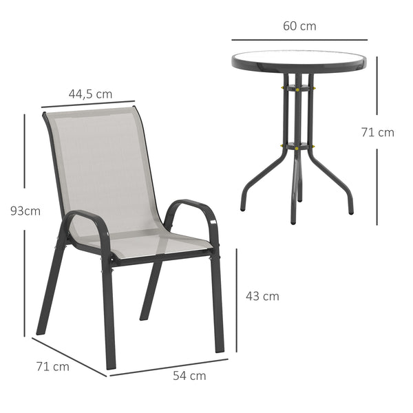 3 pièces salon de jardin extérieur, ensemble de meubles 2 fauteuils empilables, table basse avec dessus en verre trempé, tissu en textilène, pour patio, terrasse, balcon, gris clair