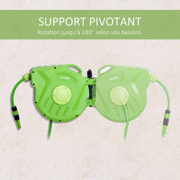 Dévidoir Mural Enrouleur Automatique pivotant 180° Tuyau 20 + 2 m avec Lance arrosage Support Mural intégré Vert