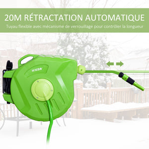 Dévidoir Mural Enrouleur Automatique pivotant 180° Tuyau 20 + 2 m avec Lance arrosage Support Mural intégré Vert
