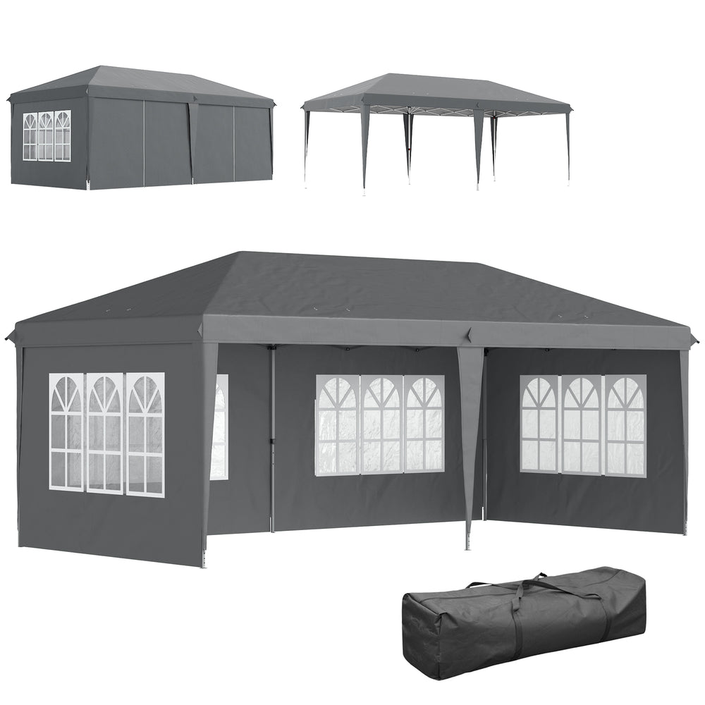 Tonnelle de jardin extérieure pop-up pliante - tente de réception - 3 x 6 m - pavillon chapiteau barnum - 3 cotés démontables - piquets d'ancrage au sol + sac de transport inclus gris