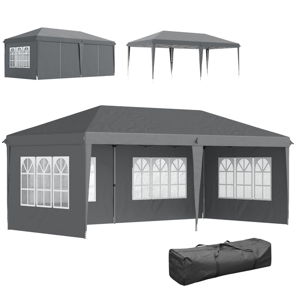 Tonnelle de jardin extérieure pop-up pliante - tente de réception - 3 x 6 m - pavillon chapiteau barnum - 3 cotés démontables - piquets d'ancrage au sol + sac de transport inclus gris