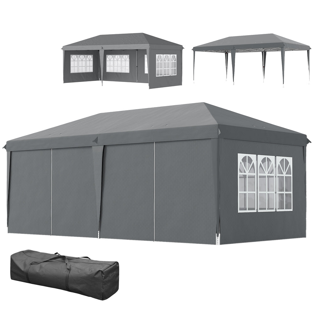 Tonnelle de jardin extérieure pop-up pliante - tente de réception - 3 x 6 m - pavillon chapiteau barnum - 3 cotés démontables - piquets d'ancrage au sol + sac de transport inclus gris