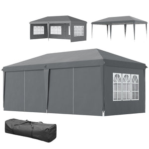 Tonnelle de jardin extérieure pop-up pliante - tente de réception - 3 x 6 m - pavillon chapiteau barnum - 3 cotés démontables - piquets d'ancrage au sol + sac de transport inclus gris