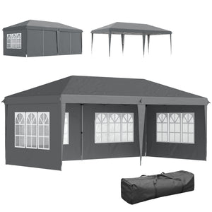 Tonnelle de jardin extérieure pop-up pliante - tente de réception - 3 x 6 m - pavillon chapiteau barnum - 3 cotés démontables - piquets d'ancrage au sol + sac de transport inclus gris