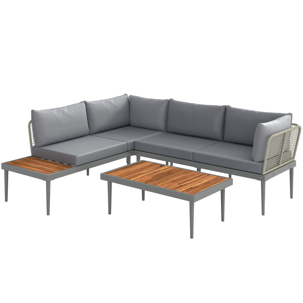 Salon de jardin extérieur d'angle 4 places modulable en bois d'acacia et acier avec canapés et table basse, plateau à lattes et coussins inclus, mobilier de jardin terrasse véranda, gris