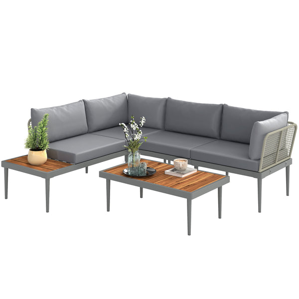 Salon de jardin extérieur d'angle 4 places modulable en bois d'acacia et acier avec canapés et table basse, plateau à lattes et coussins inclus, mobilier de jardin terrasse véranda, gris