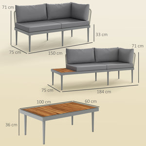 Salon de jardin extérieur d'angle 4 places modulable en bois d'acacia et acier avec canapés et table basse, plateau à lattes et coussins inclus, mobilier de jardin terrasse véranda, gris