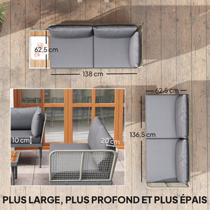 Salon de jardin extérieur d'angle 4 places modulable en bois d'acacia et acier avec canapés et table basse, plateau à lattes et coussins inclus, mobilier de jardin terrasse véranda, gris