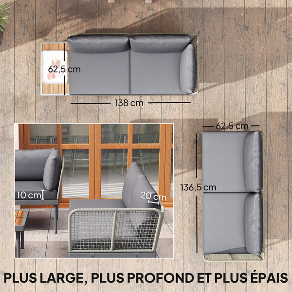 Salon de jardin extérieur d'angle 4 places modulable en bois d'acacia et acier avec canapés et table basse, plateau à lattes et coussins inclus, mobilier de jardin terrasse véranda, gris