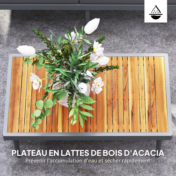 Salon de jardin extérieur d'angle 4 places modulable en bois d'acacia et acier avec canapés et table basse, plateau à lattes et coussins inclus, mobilier de jardin terrasse véranda, gris