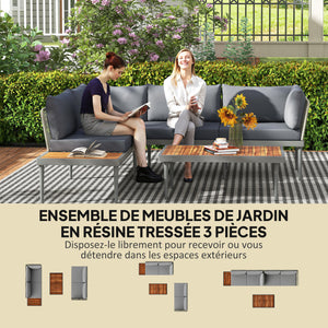 Salon de jardin extérieur d'angle 4 places modulable en bois d'acacia et acier avec canapés et table basse, plateau à lattes et coussins inclus, mobilier de jardin terrasse véranda, gris