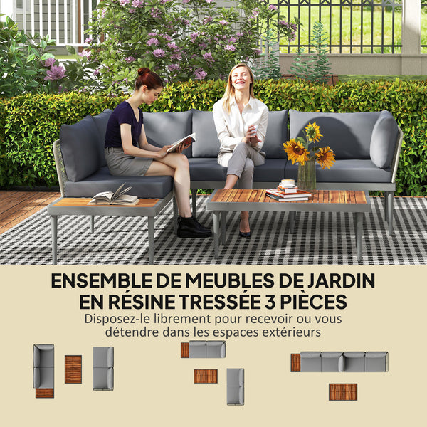 Salon de jardin extérieur d'angle 4 places modulable en bois d'acacia et acier avec canapés et table basse, plateau à lattes et coussins inclus, mobilier de jardin terrasse véranda, gris