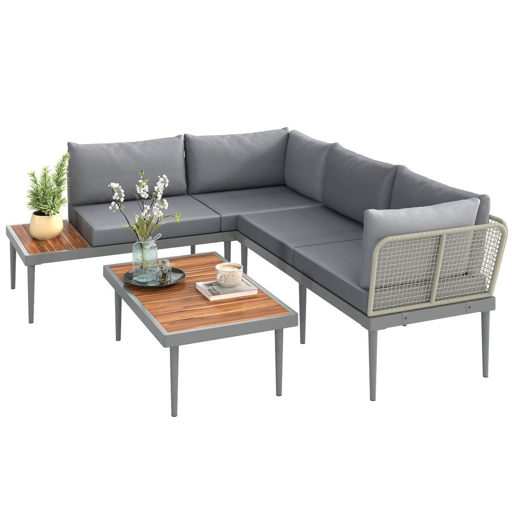 Salon de jardin extérieur d'angle 4 places modulable en bois d'acacia et acier avec canapés et table basse, plateau à lattes et coussins inclus, mobilier de jardin terrasse véranda, gris