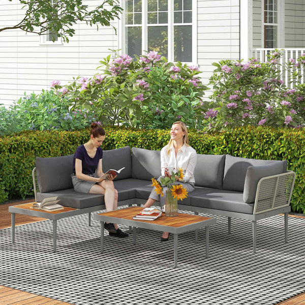 Salon de jardin extérieur d'angle 4 places modulable en bois d'acacia et acier avec canapés et table basse, plateau à lattes et coussins inclus, mobilier de jardin terrasse véranda, gris