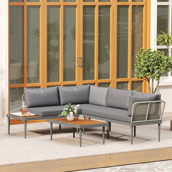 Salon de jardin extérieur d'angle 4 places modulable en bois d'acacia et acier avec canapés et table basse, plateau à lattes et coussins inclus, mobilier de jardin terrasse véranda, gris