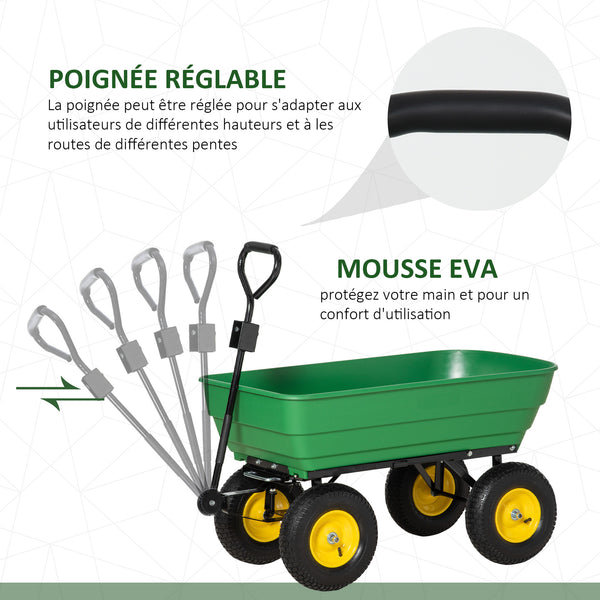 Chariot de Jardin à Main Benne basculante 75° 125L Charge Max. 200 Kg 4 Roues pneumatiques Acier PP Jaune Vert