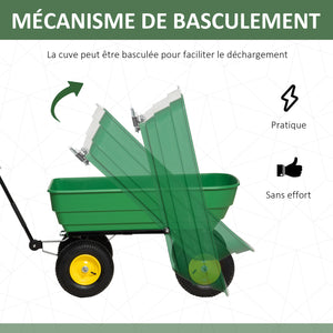Chariot de Jardin à Main Benne basculante 75° 125L Charge Max. 200 Kg 4 Roues pneumatiques Acier PP Jaune Vert
