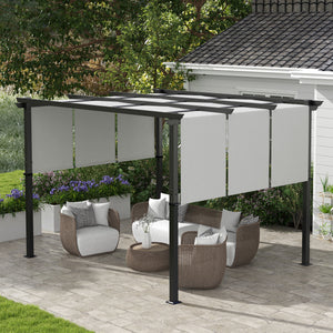 Pergola avec 3 toiles coulissantes 3,5 x 3 x 2,35 m structure acier noir toile polyester haute densité gris clair