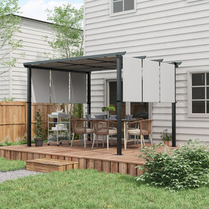 Pergola avec 3 toiles coulissantes 3,5 x 3 x 2,35 m structure acier noir toile polyester haute densité gris clair