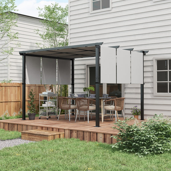 Pergola avec 3 toiles coulissantes 3,5 x 3 x 2,35 m structure acier noir toile polyester haute densité gris clair