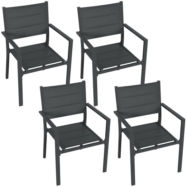 Ensemble de 4 chaises de jardin empilables en aluminium et textilène avec accoudoirs, lot de 4 pièces pour extérieur, gris