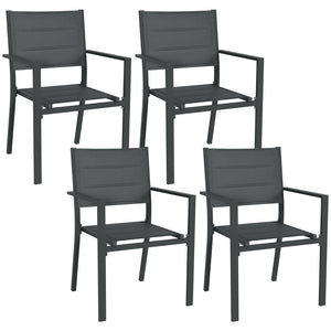 Ensemble de 4 chaises de jardin empilables en aluminium et textilène avec accoudoirs, lot de 4 pièces pour extérieur, gris