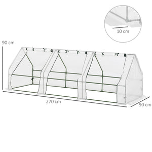 Mini Serre de Jardin mini serre tunnel 270L x 90l x 90H cm toit pointu Acier PE Haute densité 140 g/m² Anti-UV 3 fenêtres avec Zip enroulables Blanc