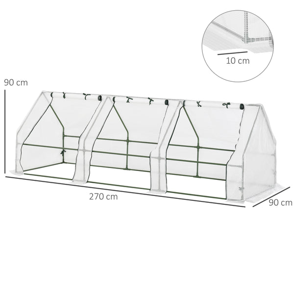 Mini Serre de Jardin mini serre tunnel 270L x 90l x 90H cm toit pointu Acier PE Haute densité 140 g/m² Anti-UV 3 fenêtres avec Zip enroulables Blanc