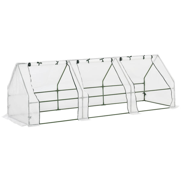 Mini Serre de Jardin mini serre tunnel 270L x 90l x 90H cm toit pointu Acier PE Haute densité 140 g/m² Anti-UV 3 fenêtres avec Zip enroulables Blanc